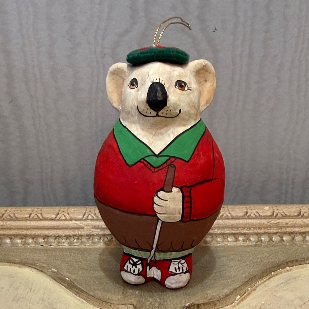 Vintage papier-mâché Koala Bear Golfer Round Belly Ornament Hand Crafted